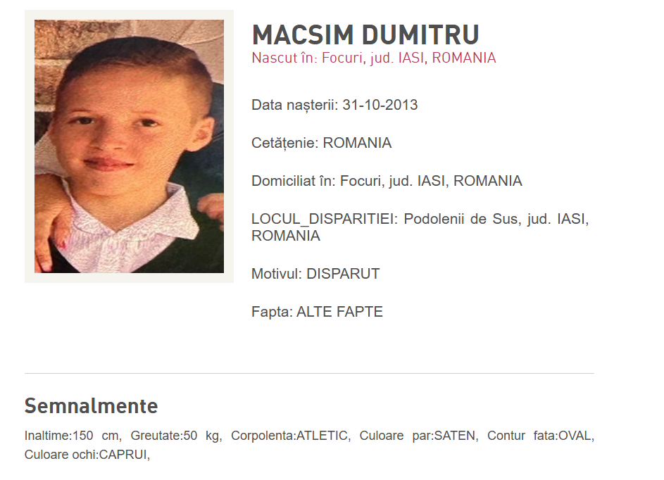 Imagine cu datele despre Macsim Dumitru, copilul dispărut.