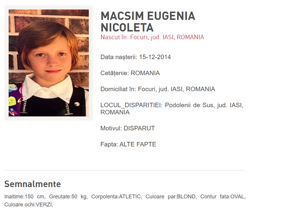 Imagine cu datele despre Macsim Eugenia, copilul dispărut.