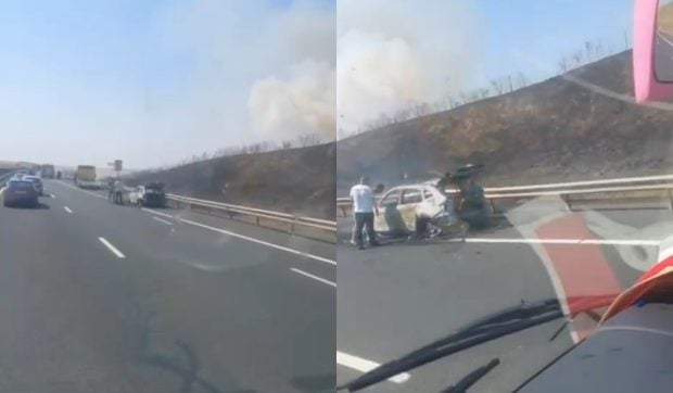 A luat foc o mașină pe Autostrada A2. Traficul este oprit pe sensul către București. Incendiul s-a extins și la vegetația uscată