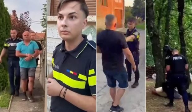 Doi suspecți puși la pământ de mascați și încătușați după ce au umilit un polițist la Domașnea, în Caraș-Severin