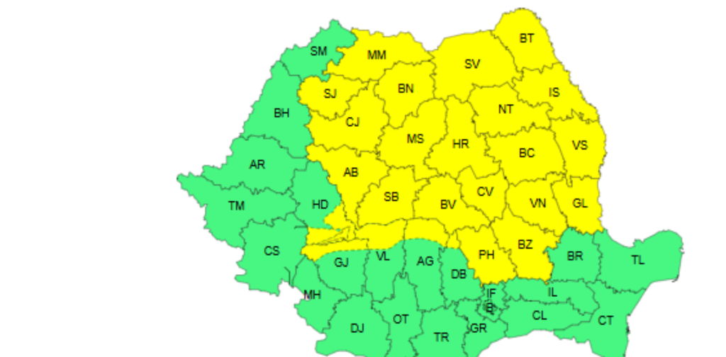 Coduri galbene de caniculă și furtuni violente. Harta zonelor unde temperaturile trec de 37 de grade Celsius și regiunile lovite de vijelii