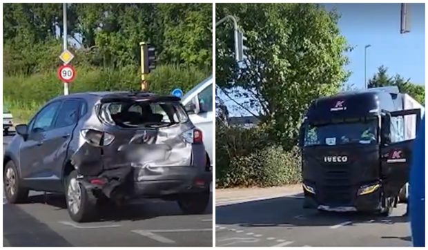 O șoferiță româncă de TIR a coborât îngrozită de la volan, după ce a lovit o mașină, în intersecție. Un bebeluș de 9 luni a ajuns în stare gravă la spital