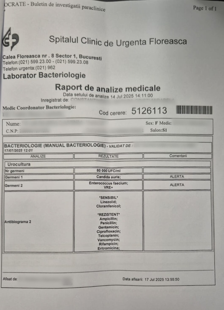 Dovada că medicii de la Centrul de Arși știau că Lavinia este infectată cu Candida auris, dar nu au spus: „Niște criminali. O lăsau să moară în România”