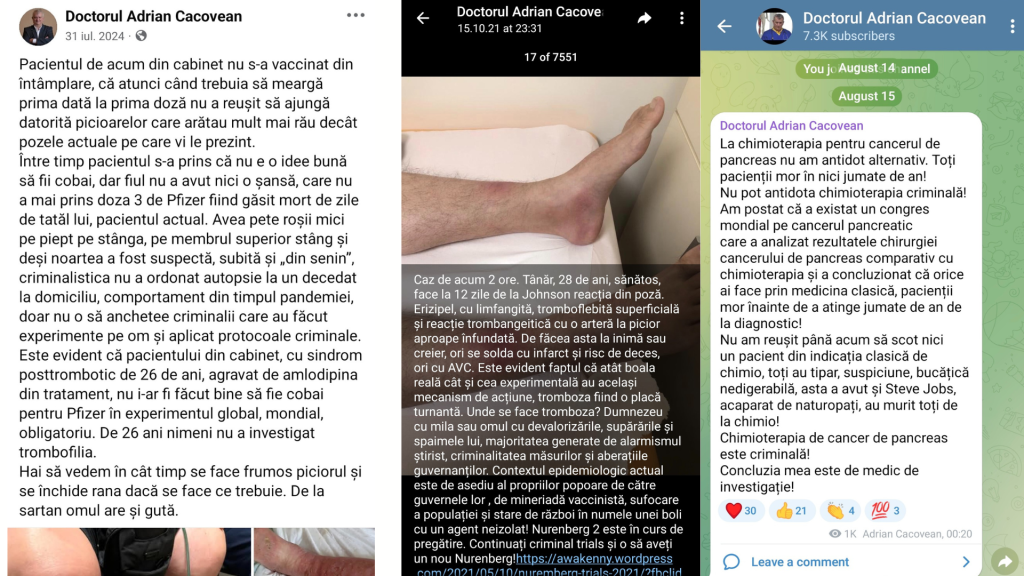 Capturi de ecran cu mesajele publicate de doctorul Adrian Cacovean
