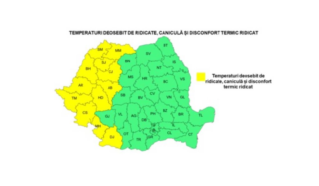Cod galben de caniculă în 12 județe: Ce temperaturi ne așteaptă pe 13 august! 1 harta cod galben 13 august 2025