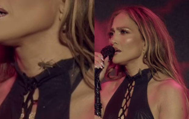 Reacția lui Jennifer Lopez când a simțit că un greiere s-a pus pe ea. S-a întâmplat în timpul concertului ei din Kazahstan