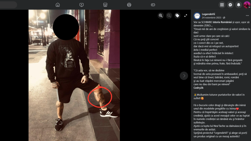 Un model al magazinului LegendeVii poartă tricou cu Avram Iancu și pe piciorul stâng are tatuat chipul fondatorului Mişcării Legionare, Corneliu Zelea Codreanu