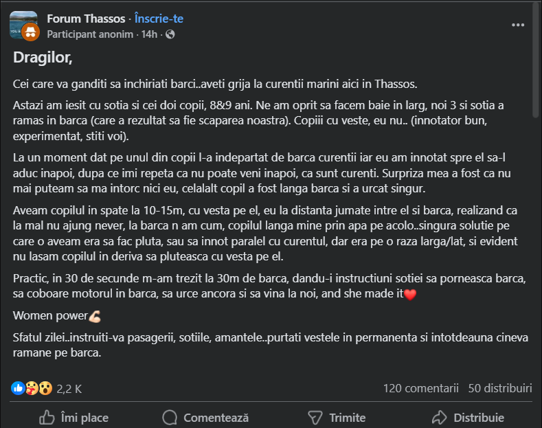 O româncă și-a salvat fiul și soțul în Thassos după ce a învățat în câteva minute să conducă o barcă