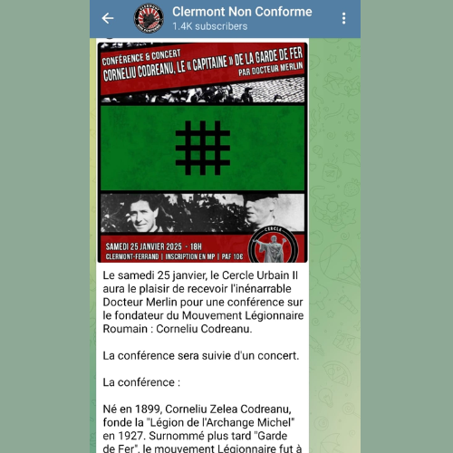 captură de ecran postare grup de Telegram Clermont Non Conforme