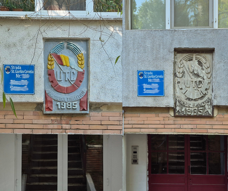 Stemele UTC lângă plăcuța cu numele străzii după erou-martir al Revoluției, Gavrilov Corneliu