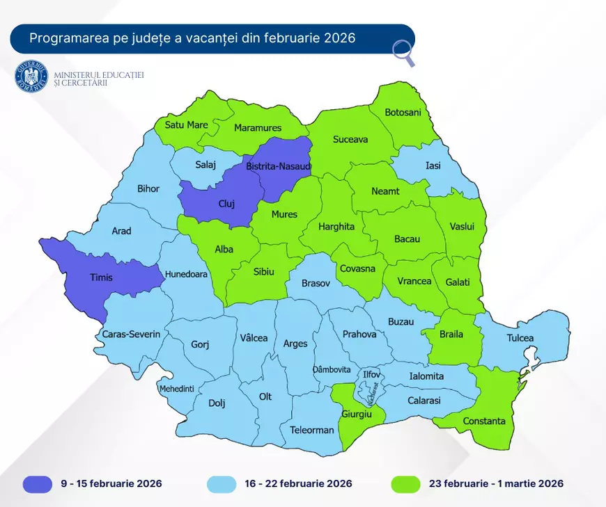 Când au o săptămână liberă elevii din fiecare județ, pentru „vacanța de schi” din 2026