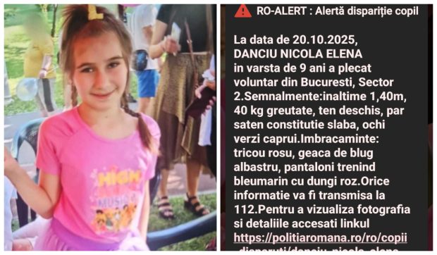 Fata de 9 ani din București dată dispărută a fost găsită la puțin timp după emiterea mesajului Ro-Alert