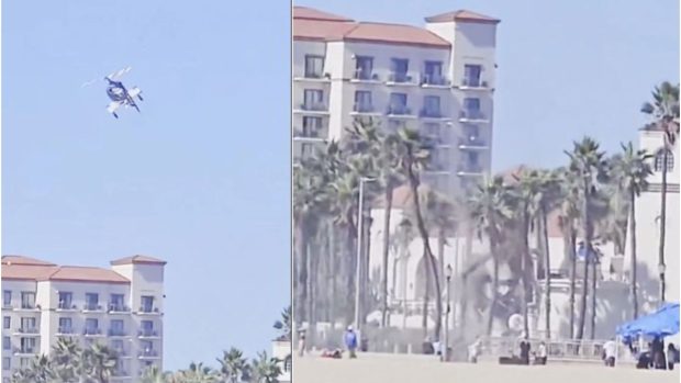 Momentul în care un elicopter pierde controlul și se prăbușește printre turiști, pe o plajă din California
