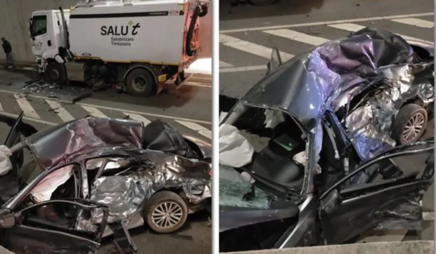 Un mort și un rănit la Timișoara după ce un autoturism a spulberat o mașină de salubrizare, în pasajul Michelangelo