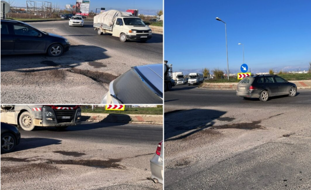 Groapa de pe centura orașului Ploiești a fost reparată „la mișto”, cu două lopeți de pietriș