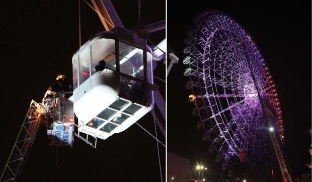 20 de oameni au rămas blocați timp de 9 ore într-o roată panoramică din Japonia, după ce a fost lovită de fulger
