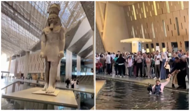 Turiști neatenți cad în bazinul din jurul statuii lui Ramses al II-lea la Marele Muzeu Egiptean | VIDEO