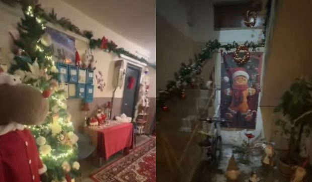 Scara unui bloc din Drobeta-Turnu Severin, transformată într-o poveste de Crăciun de o familie de români recent întoarsă din Germania