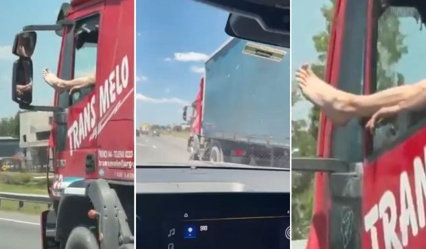 Un șofer de TIR a fost filmat cu un picior și un braț atârnând pe geam în timp ce conducea pe autostradă, în Argentina