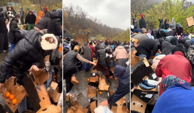 Zeci de oameni au năvălit să adune portocalele împrăștiate de un TIR răsturnat pe dealul Stârmina, în Mehedinți