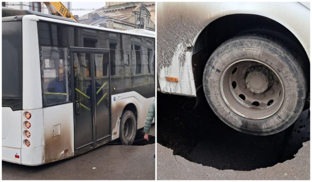 Un autobuz cu pasageri din Brăila a rămas blocat după ce asfaltul s-a surpat sub roțile acestuia