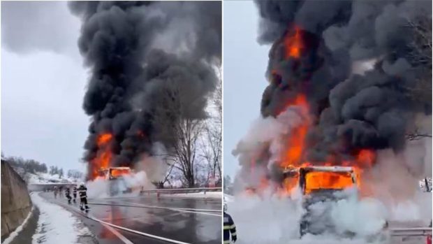 A luat foc un autocar în care erau 47 de pasageri, pe o șosea din Mureș. Circulația a fost blocată pe ambele benzi