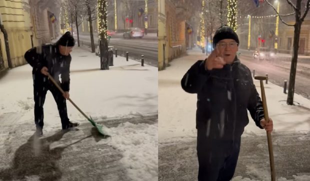 Emil Boc a curățat zăpada din fața Primăriei Cluj-Napoca: ce le-a cerut locuitorilor