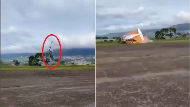 Momentul în care avionul privat din Columbia s-a prăbușit și ia foc, după ce s-a ridicat de la sol, s-a răsucit și s-a dus în bot. Șase oameni au murit