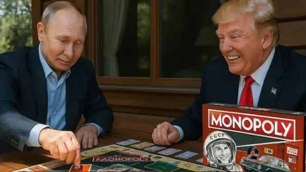 Donald Trump și Vladimir Putin joacă Monopoly URSS, într-o reclamă. Liderul de la Kremlin face mutările pe tablă