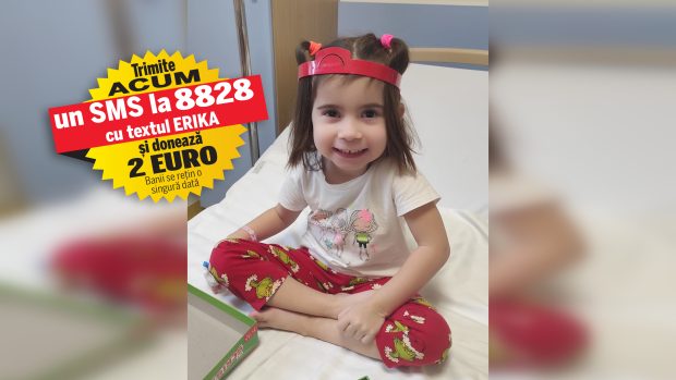 Erika are nevoie de 2.500 de lei lunar, după ce a fost operată din cauza unei malformații cardiace. Micuța, care nu a împlinit 4 ani, trebuie să urmeze, timp de un an, investigații și tratamente postoperatorii