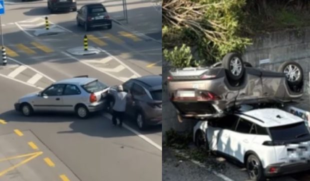 A lovit un alt vehicul, iar apoi s-a răsturnat pe o mașină parcată, în Elveția: „Ne-a lovit de mai multe ori, apoi ne-a privit cu ochi goi” | VIDEO