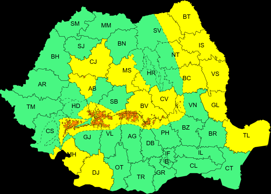 Ninsori, viscol puternic și vizibilitate sub 50 de metri. Harta zonelor vizate de avertizările meteo cod portocaliu și galben emise de ANM