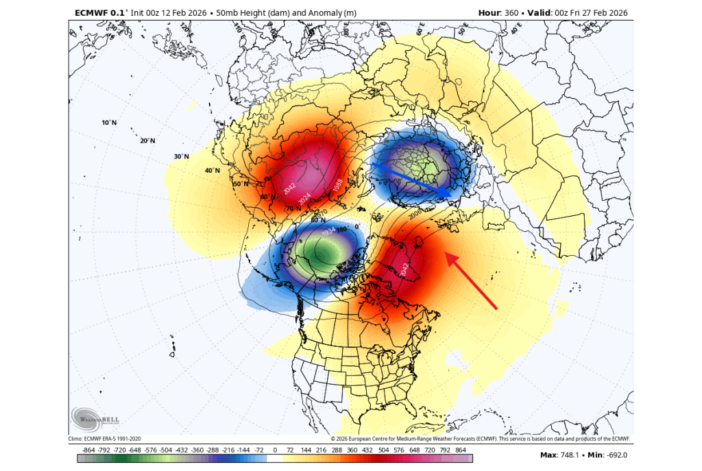 Anomalia de presiune prognozată pentru stratosfera inferioară. Sursa foto: Severe Weather Europe