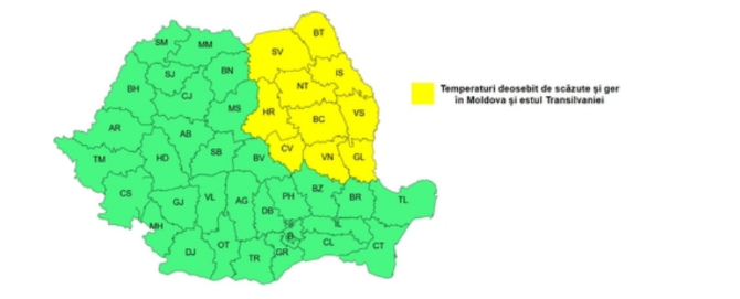 Ninsori, viscol și temperaturi de până la -14 grade. Harta celor 11 județe vizate de avertizările meteo cod galben emise de ANM
