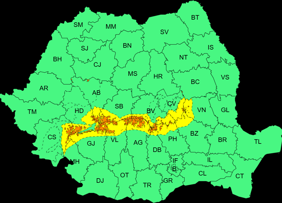Ninsori, viscol puternic și vizibilitate sub 50 de metri. Harta zonelor vizate de avertizările meteo cod portocaliu și galben emise de ANM