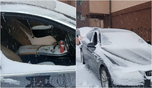 Șofer cu BMW, subiect de glume pe internet după ce a uitat să-și închidă geamurile la mașină și a lăsat-o într-o parcare din București în timpul viscolului: „O încarcă cu aer rece pentru la vară”