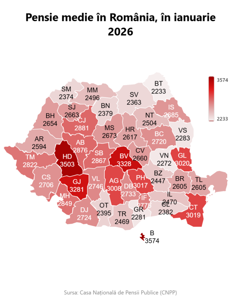 Harta României pe județe, cu pensia medie în ianuarie 2026, fiecare județ având o sumă în lei