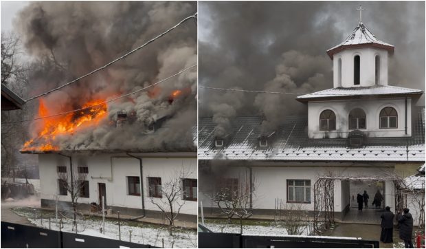 Incendiu puternic izbucnit la o mănăstire din Gorj. Pompierii intervin de urgență pentru stingerea focului