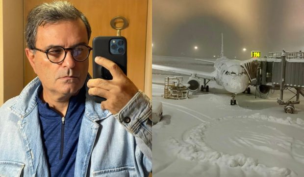 Imagine Stire Lucian Mîndruță, blocat pe Aeroportul Otopeni din cauza zăpezii. Jurnalistul trebuia să zboare către Washington: „Știți povestea cu Nicușor la Consiliul lui Trump” | 2review.ro