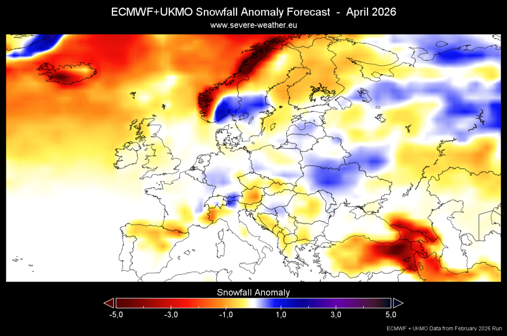 Prognoza pentru aprilie arată ninsori normale până la peste normal în centrul-nord al Europei și spre nord și est. Sursa foto: Severe Weather Europe