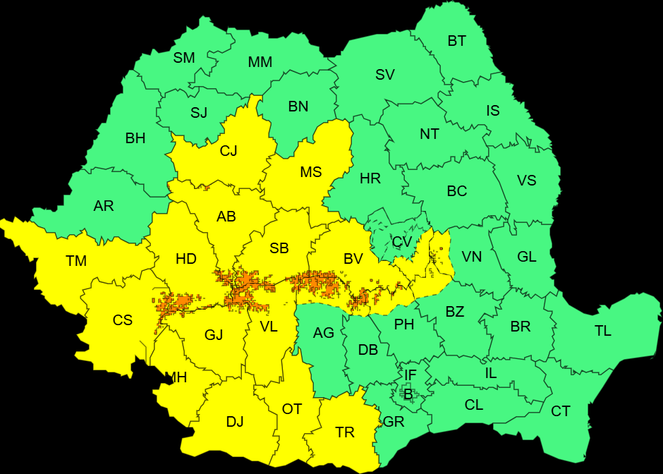 Ninsori, viscol puternic și vizibilitate sub 50 de metri. Harta zonelor vizate de avertizările meteo cod portocaliu și galben emise de ANM