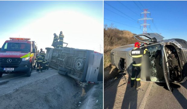 Un microbuz cu 10 pasageri s-a răsturnat pe centura Cluj-Napoca, după ce o autoutilitară a lovit frontal vehiculul