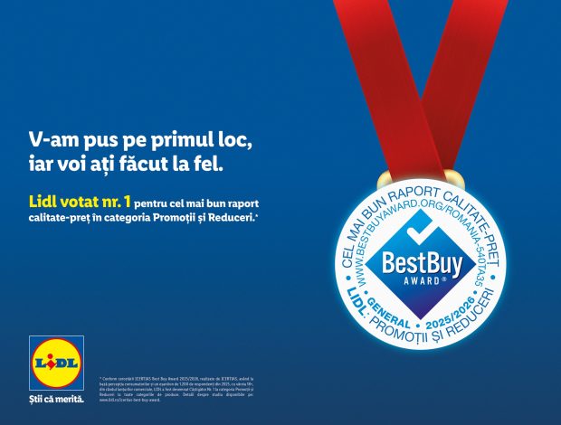 Lidl, votat de clienți numărul 1 în România pentru cel mai bun raport calitate-preț la categoria Promoții și Reduceri, în cadrul studiului ICERTIAS Best Buy Award 2025/2026