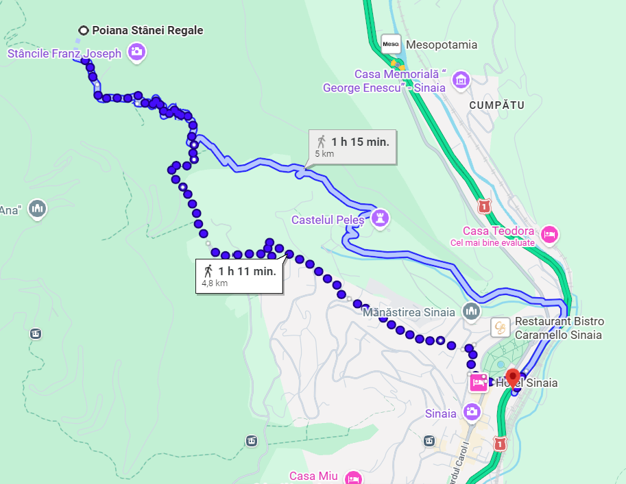 Poteca Regală din Sinaia - drumul de la Peleş la Poiana Stânii - Harta traseului Gara Sinaia-Poiana Stânii