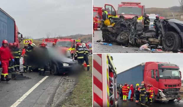 Primele imagini de la accidentul cu 5 morți din Sânpaul, Cluj: trei bărbați și doi copii au pierit într-un VW strivit de două TIR-uri