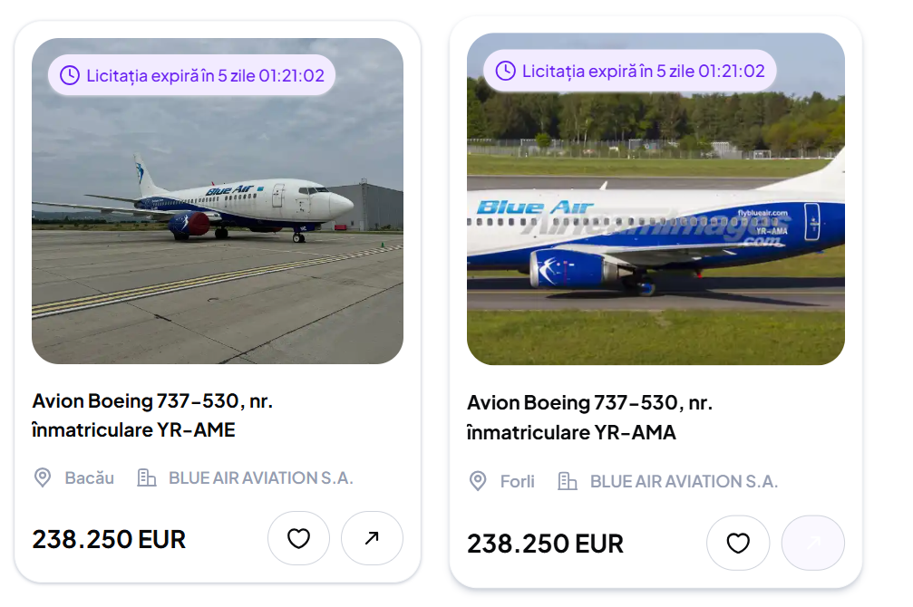 Doău avioane blueAir scoase la licitație
