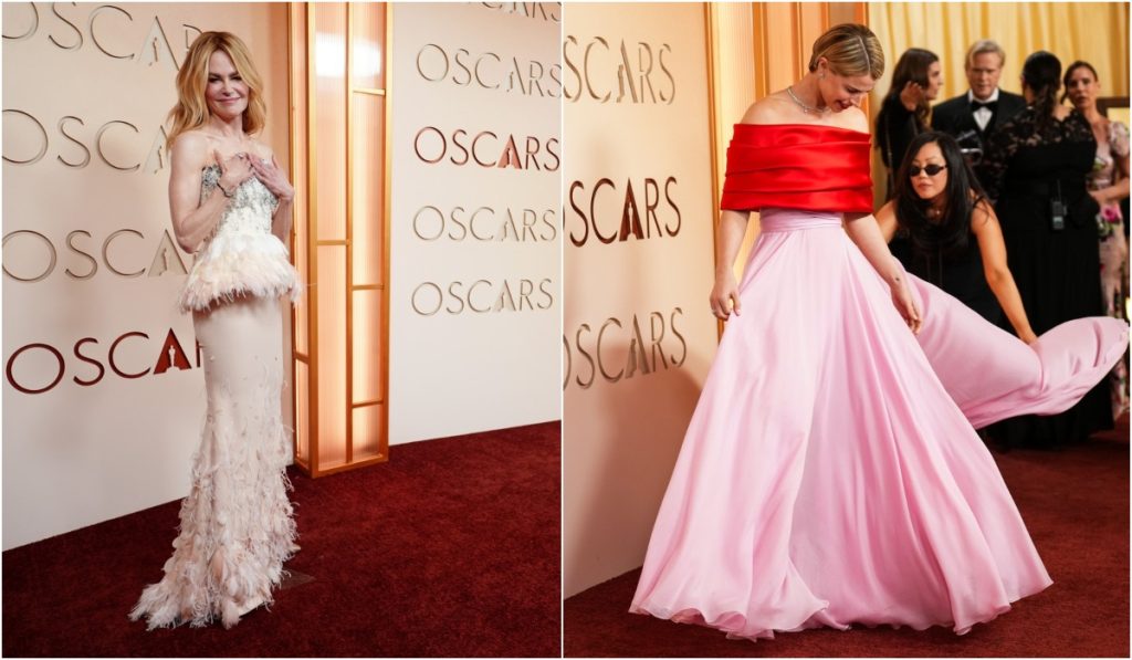 Nicole Kidman, stânga, în vârstă de 58 de ani, a pășit pe covorul roșu într-o rochie romantică, cu pene, de la Chanel,. Rochia fără bretele a combinat un corsaj structurat, alb-negru, cu mărgele, cu o fustă distractivă, cu pene.
Jessie Buckley din „Hamnet ” , dreapta, a purtat o rochie Chanel fără bretele, roșie și roz.
