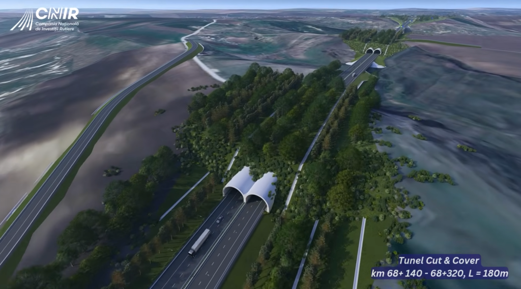 Autostrada va avea tunele cu 3 benzi, una dedicata pentru autoturisme grele. Foto: YouTube CNIR