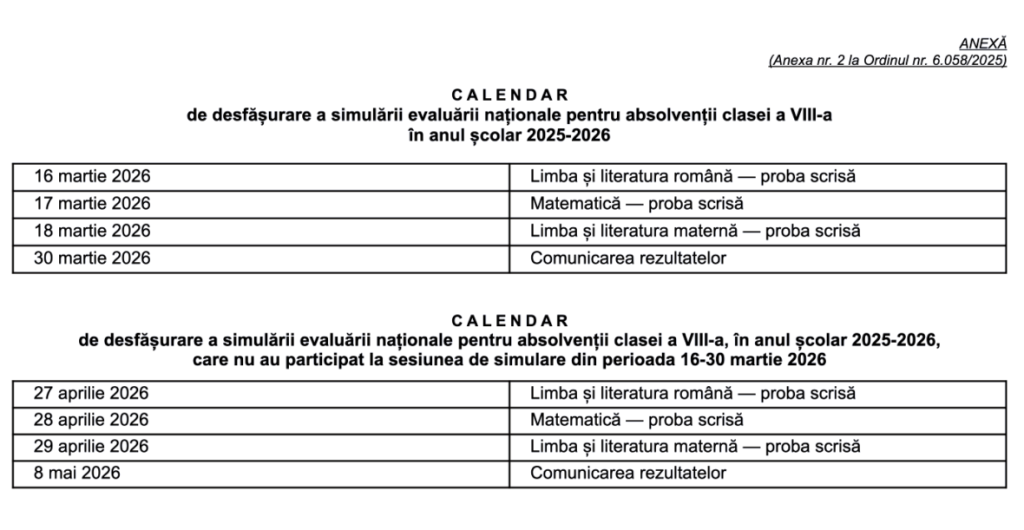 A doua sesiune a simulării examenului de Evaluare Națională 2026 începe astăzi cu proba scrisă la Limba și literatura română. Calendarul probelor