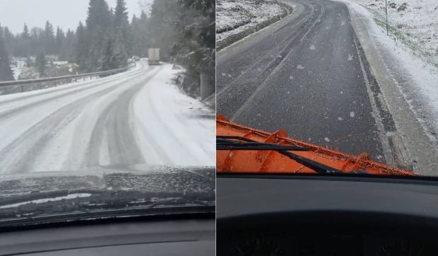 Camion blocat în zăpadă lângă Cavnic, în Maramureș, unde a nins pe 21 aprilie
